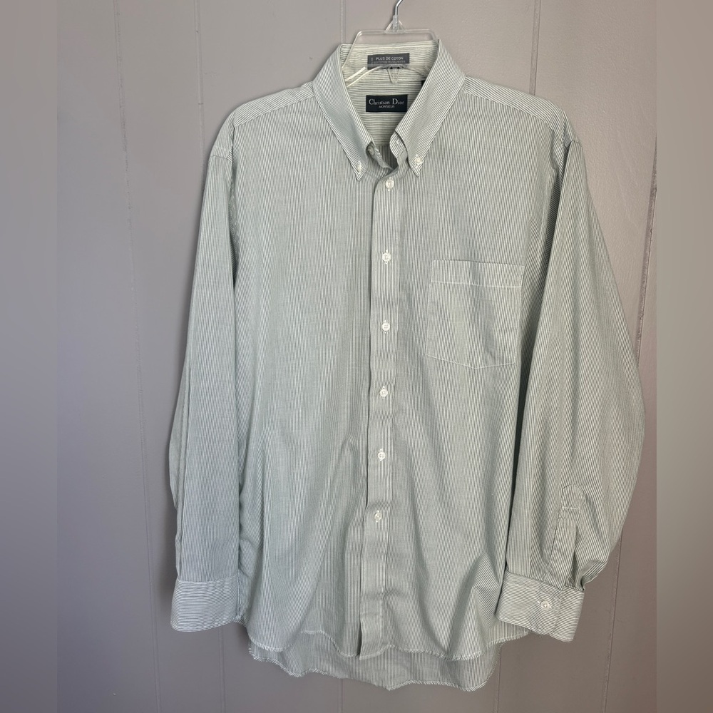 Christian Dior Monsieur Vintage Green and White Stripe Button Up Size 16| 32-33